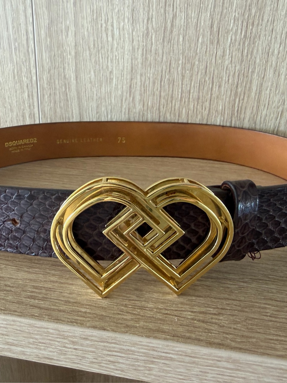 DSQUARED2 vintageBrown Textured Leather Belt with Gold Interlocking Heart Buckle